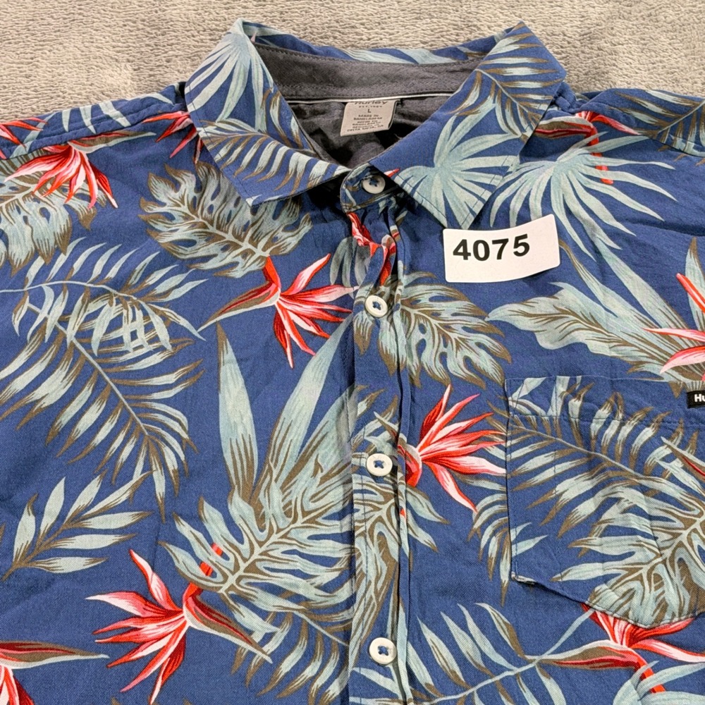 Hurley Button Up Shirt Men Large Blue Tropical Floral Palm Leaf Rayon